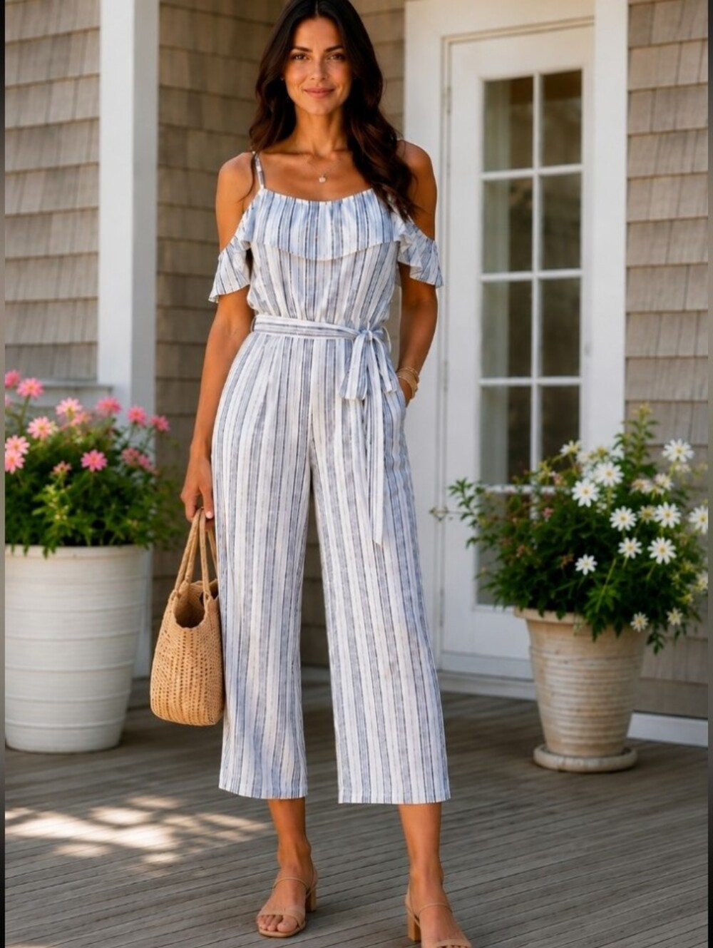 Charming Charlie Blue Striped Cold Shoulder Jumpsuit XL Viscose Flounce